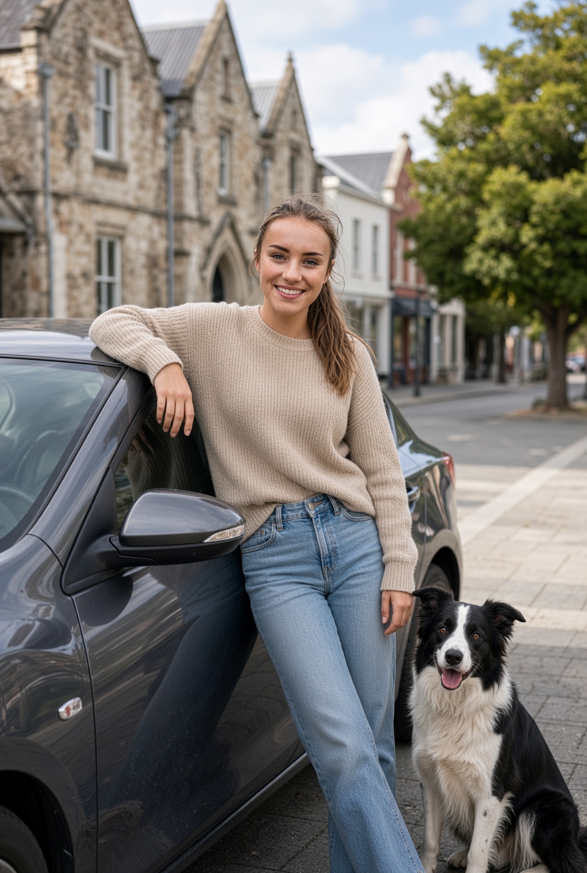 Aria smiling beside a car with a black-and-white dog on a town street