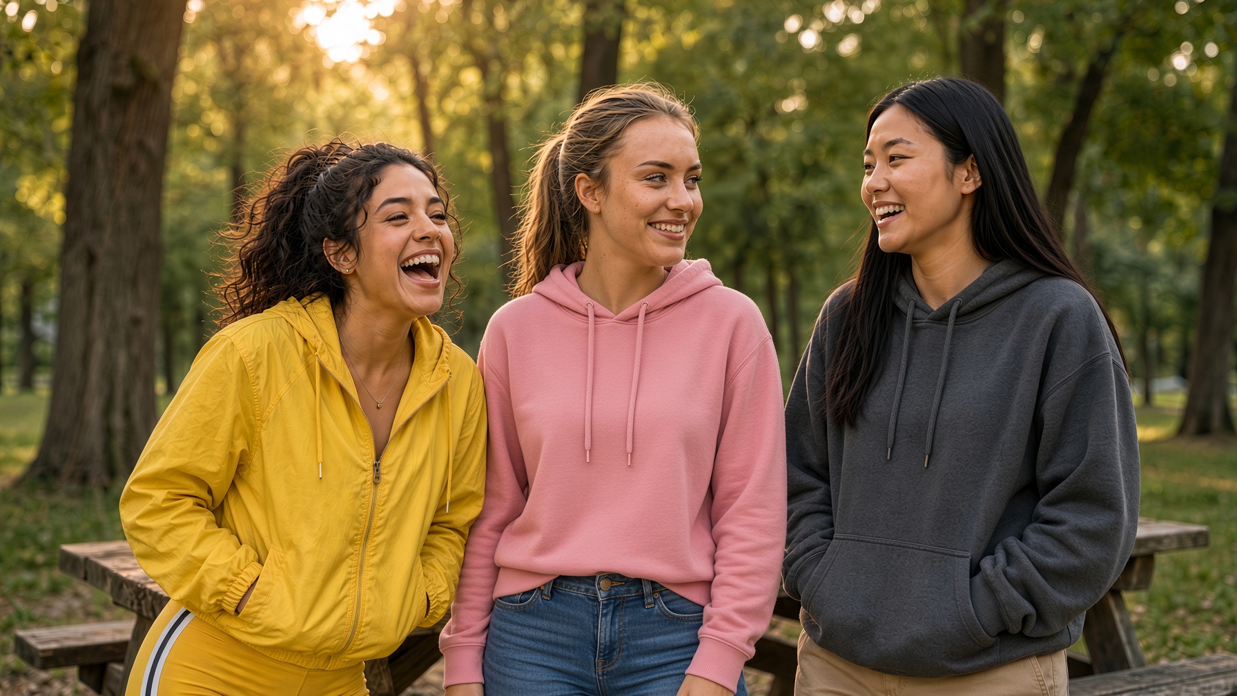 Three friends laughing together among trees in warm evening light